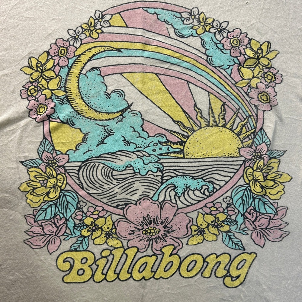 Billabong Graphic T Shirt Womens XXL Cream Retro Surf Rainbow Wave Floral Cotton - Picture 3 of 7